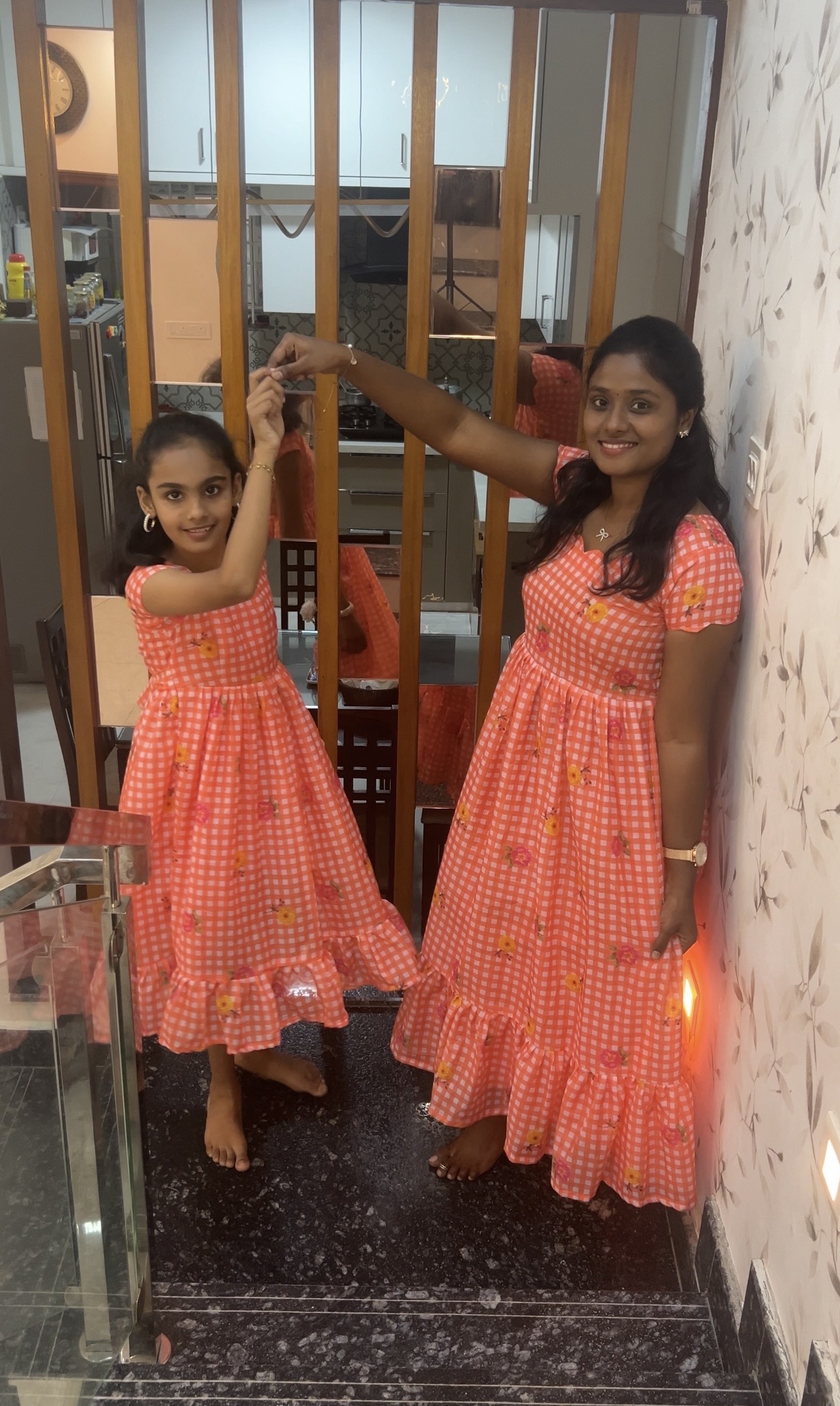 Orange Mul Chanderi checks print Maxi - Image 2